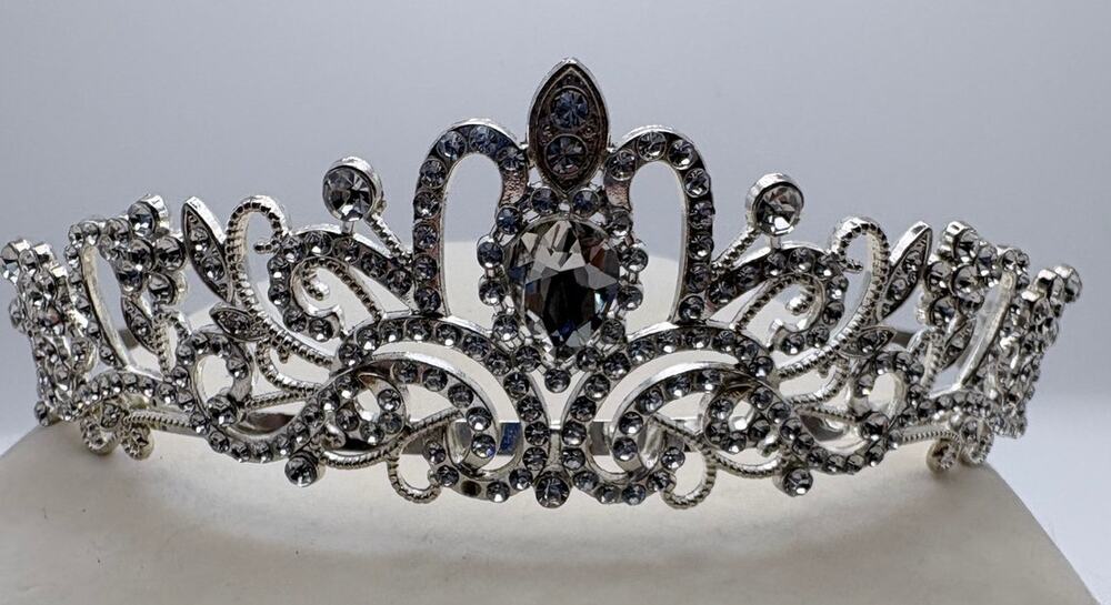 Silvertone Tiara with Scroll and Floral Design Accented in Rhinestones